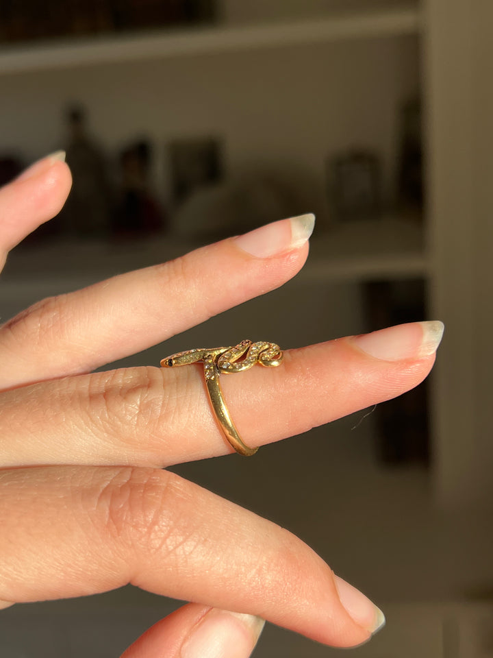 French 18ct Snake Ring | Sapphire Eyes & .45ctw Diamond Body | c.1900-1920
