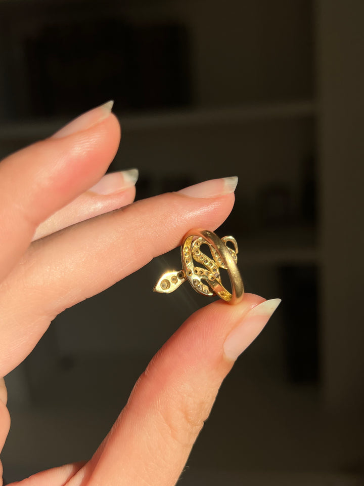 French 18ct Snake Ring | Sapphire Eyes & .45ctw Diamond Body | c.1900-1920