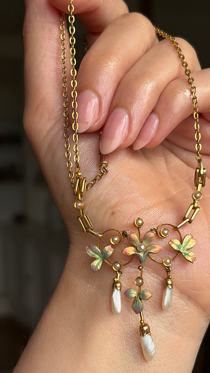 English Art Nouveau Enamel Flower Necklace with River Pearls