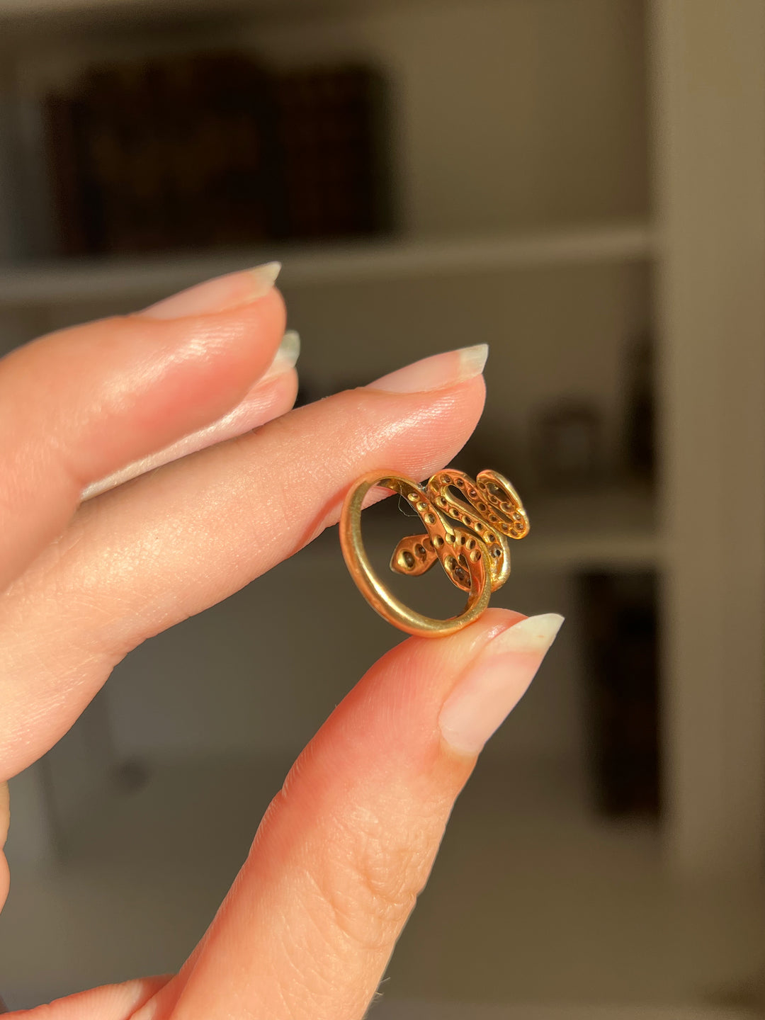 French 18ct Snake Ring | Sapphire Eyes & .45ctw Diamond Body | c.1900-1920