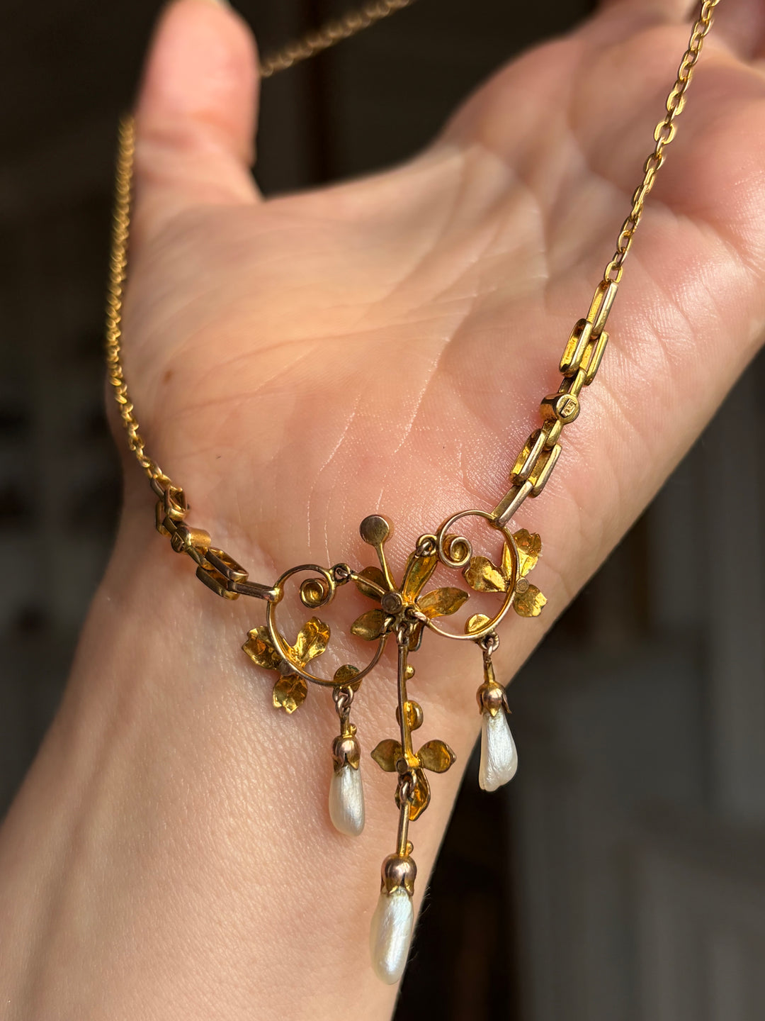 English Art Nouveau Enamel Flower Necklace with River Pearls