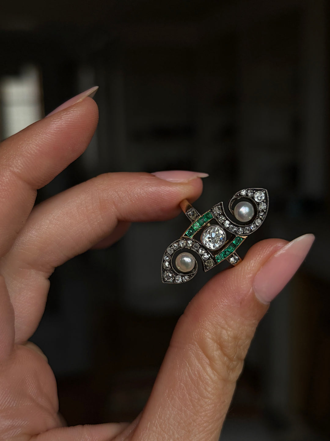 French Art Nouveau Diamond, Emerald & Grey Pearl Ring