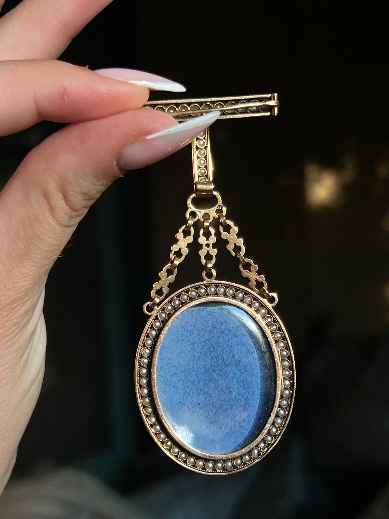 Napoleon III enamel brooch titled ‘The Altar of Love,’ attributed to Auguste Perette with detailed romantic scene