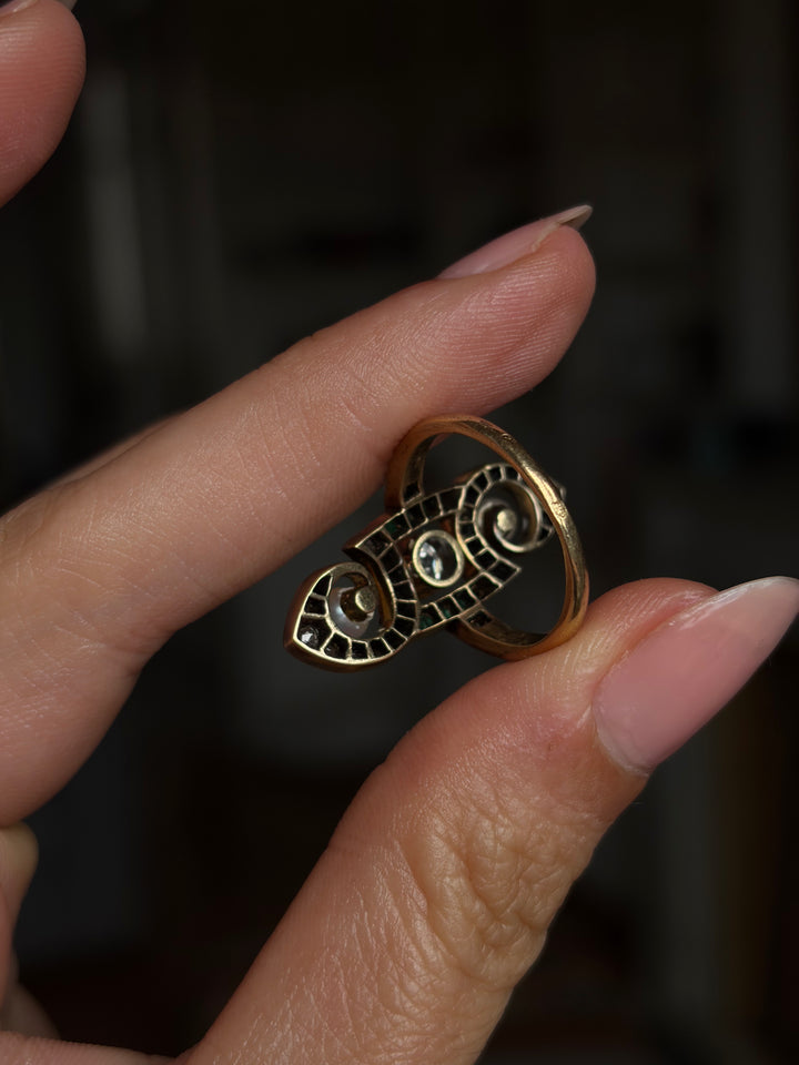 French Art Nouveau Diamond, Emerald & Grey Pearl Ring