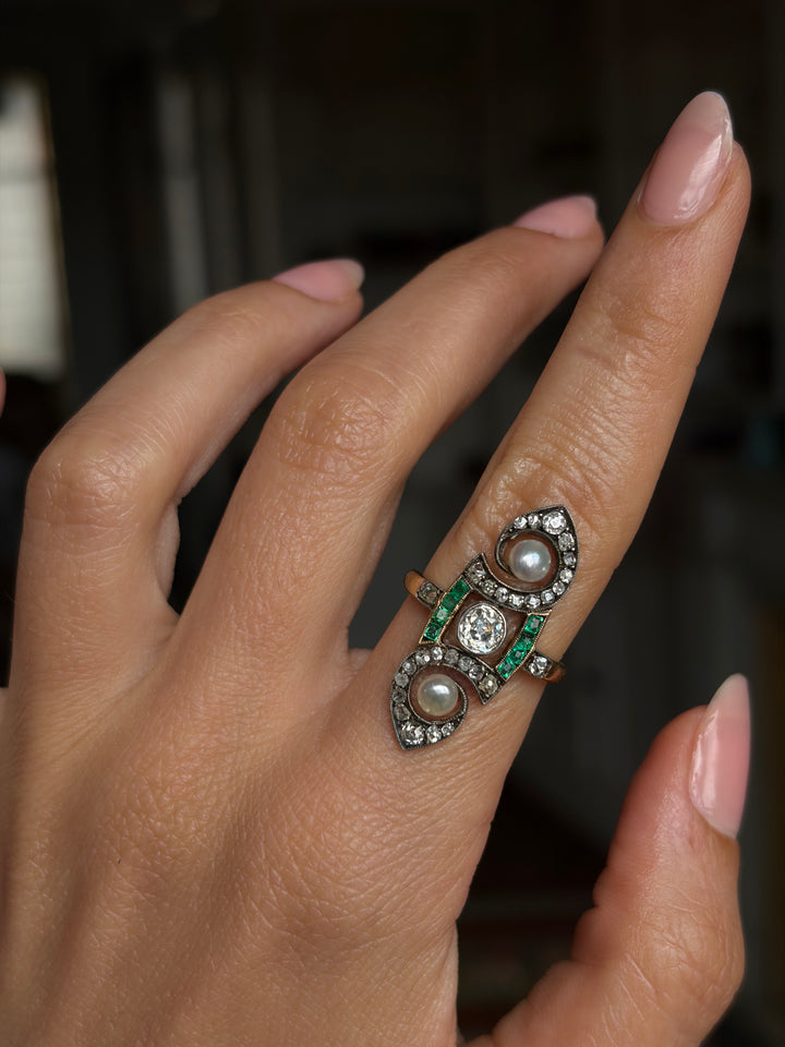French Art Nouveau Diamond, Emerald & Grey Pearl Ring