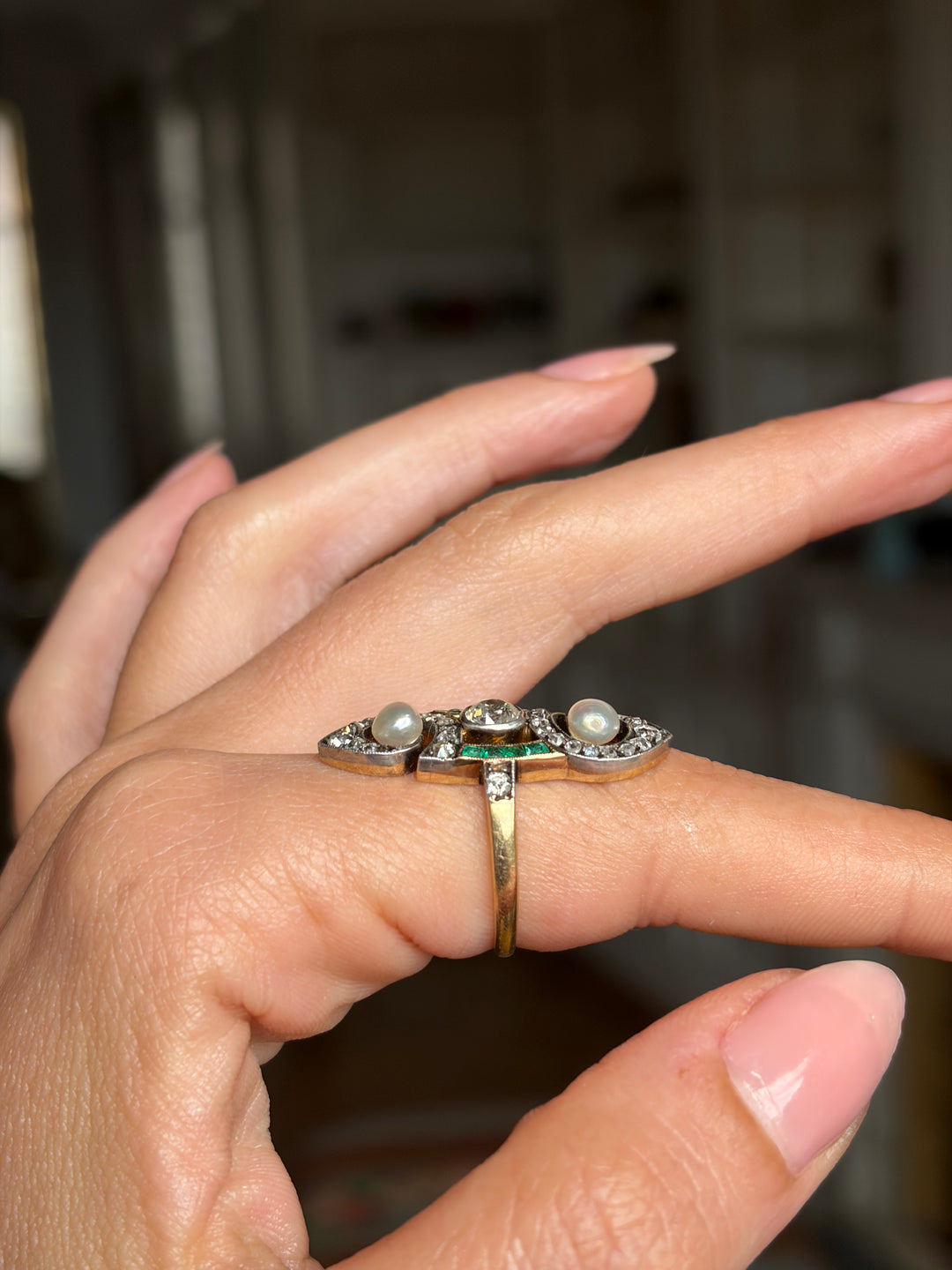 French Art Nouveau Diamond, Emerald & Grey Pearl Ring