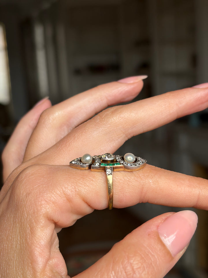 French Art Nouveau Diamond, Emerald & Grey Pearl Ring
