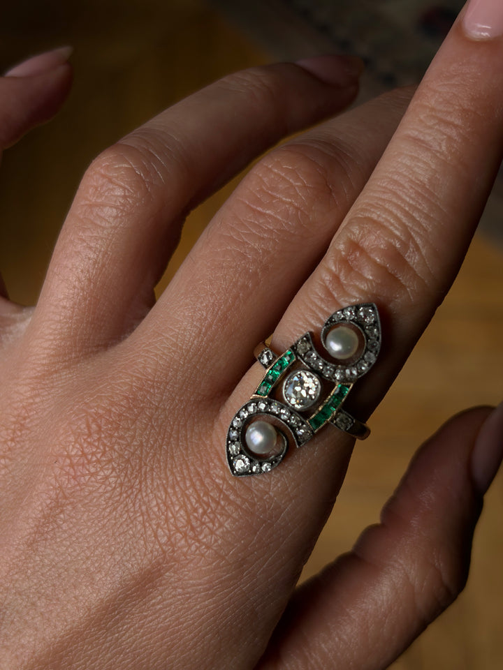 French Art Nouveau Diamond, Emerald & Grey Pearl Ring