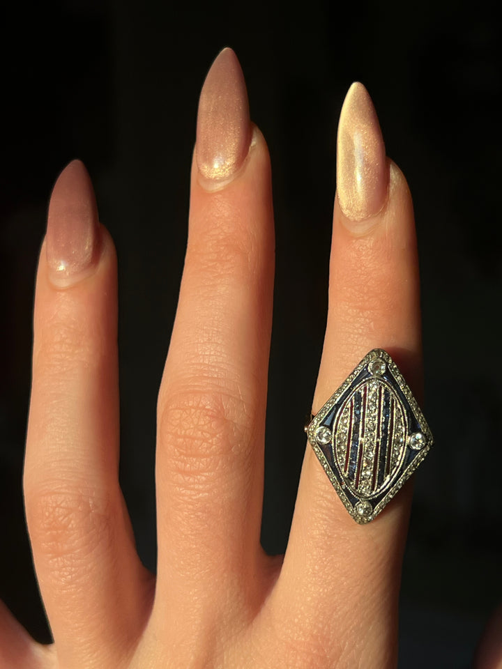 Art Deco Diamond and Sapphire Cocktail Ring Platinum 14ct