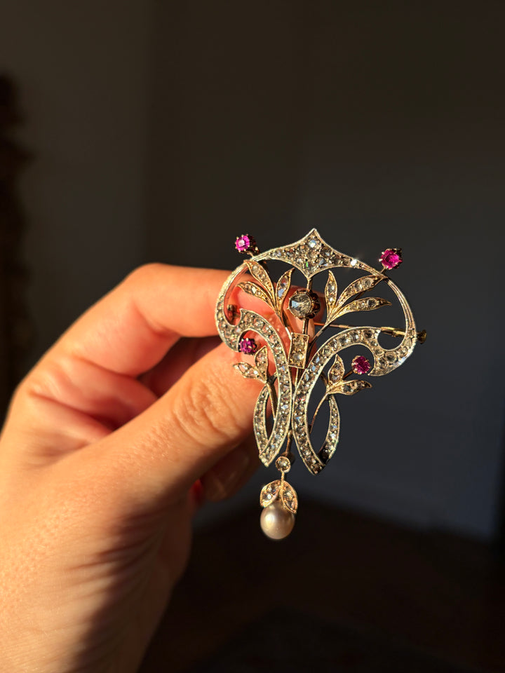 Outstanding French Art Nouveau Diamond & Ruby Brooch with Natural Grey Pearl