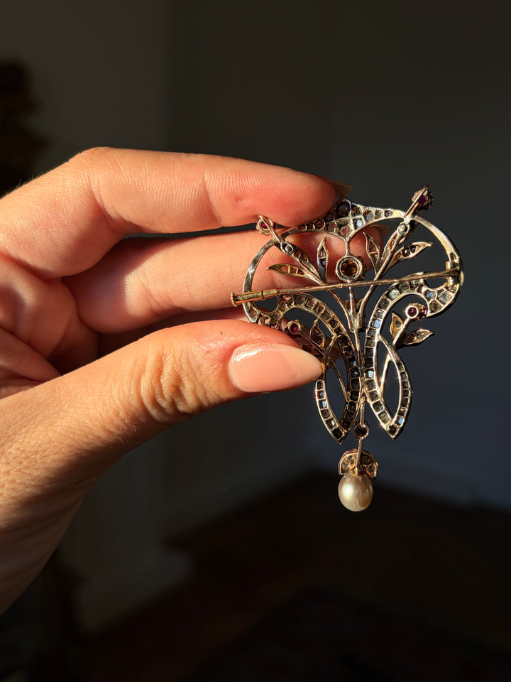 Outstanding French Art Nouveau Diamond & Ruby Brooch with Natural Grey Pearl
