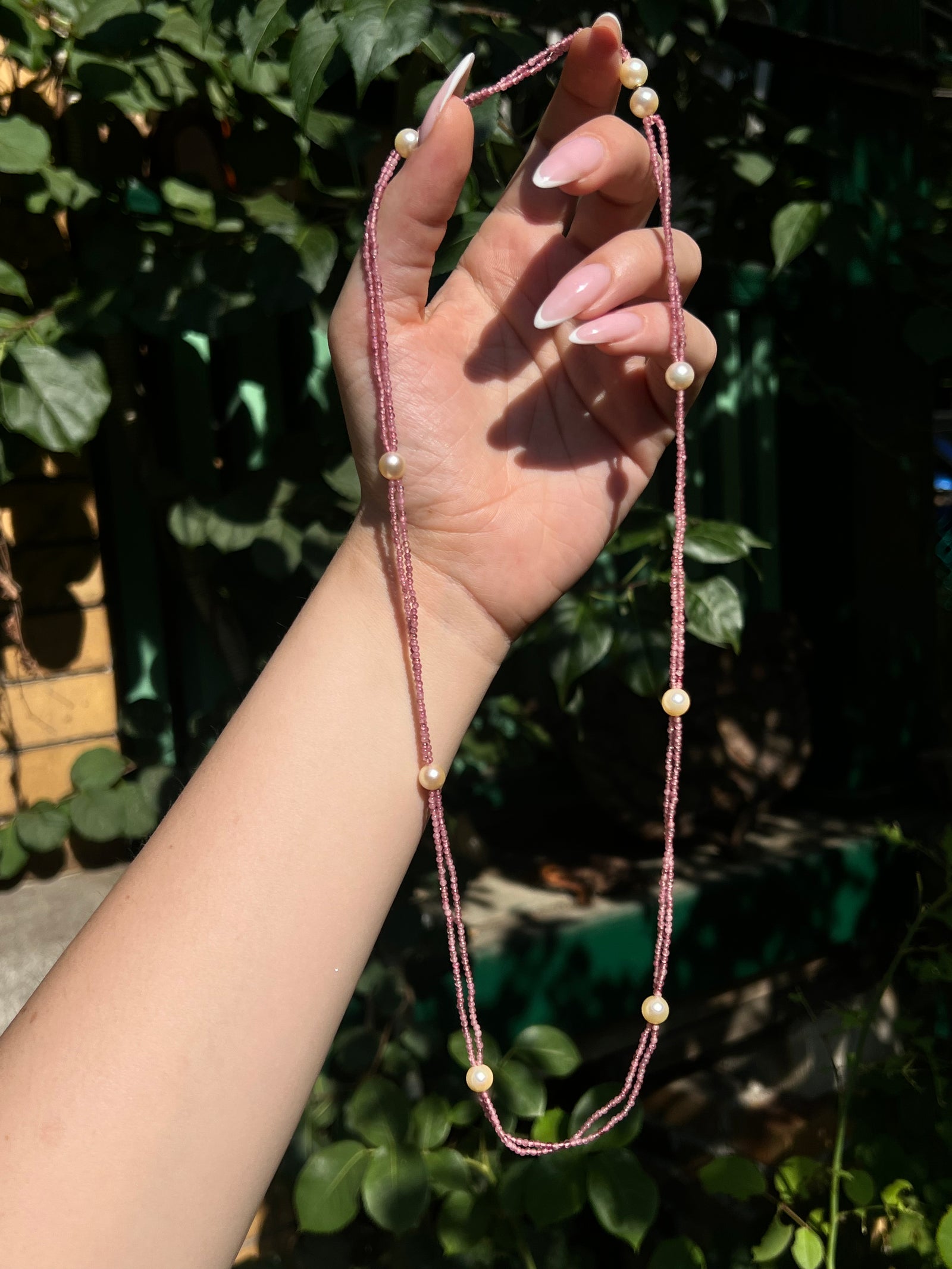 Eloise pink tourmaline and pearl necklace with graduated pearls and faceted pink tourmaline beads, elegant vintage-inspired design