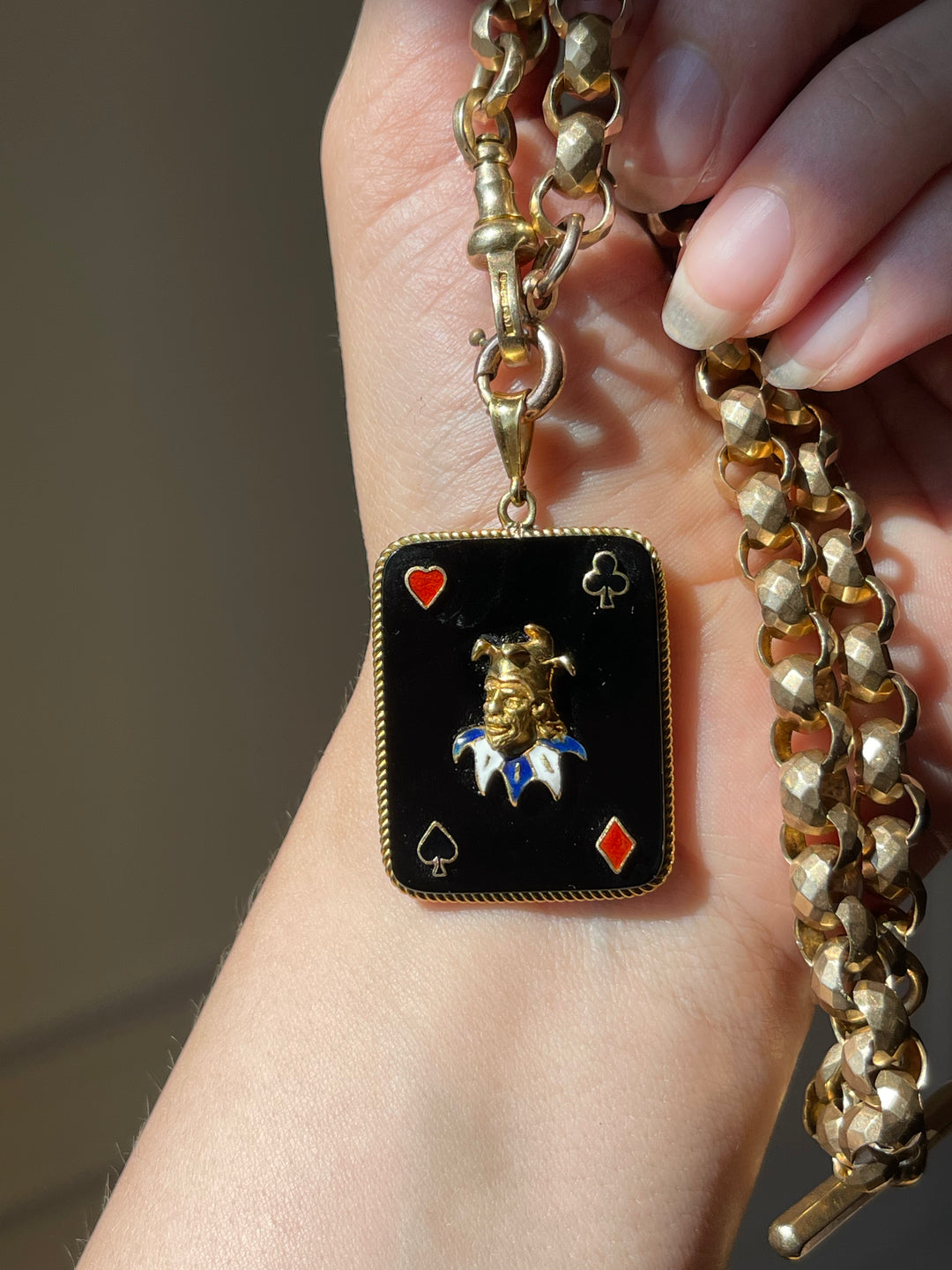 Joker Playing Card in 14ct Gold & Onyx | Multi-Colour Enamel Pendant | c.1960s