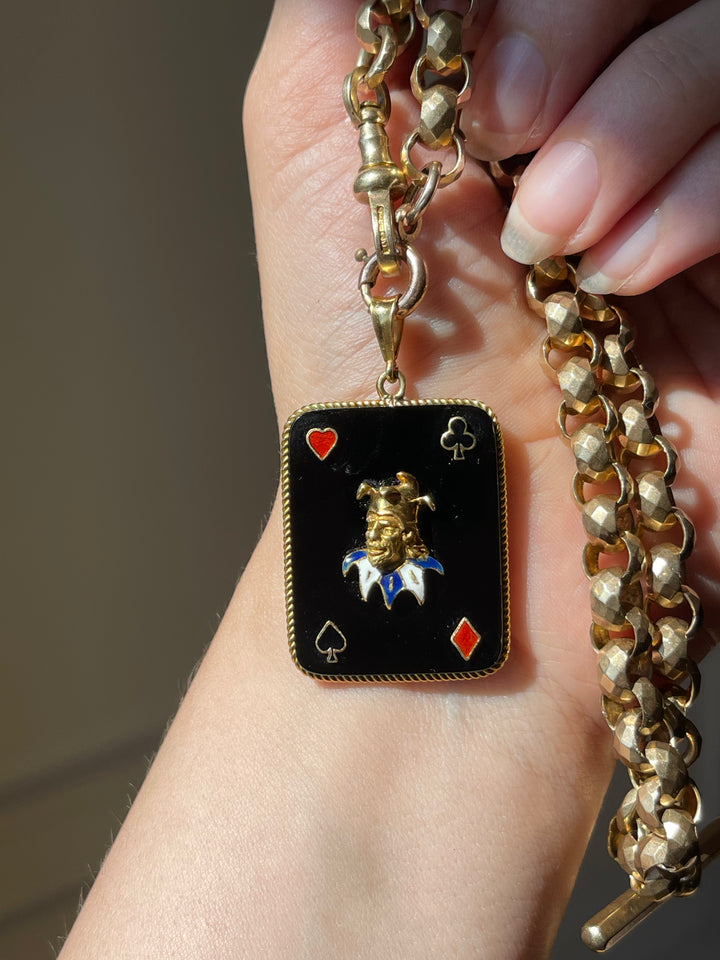 Joker Playing Card in 14ct Gold & Onyx | Multi-Colour Enamel Pendant | c.1960s