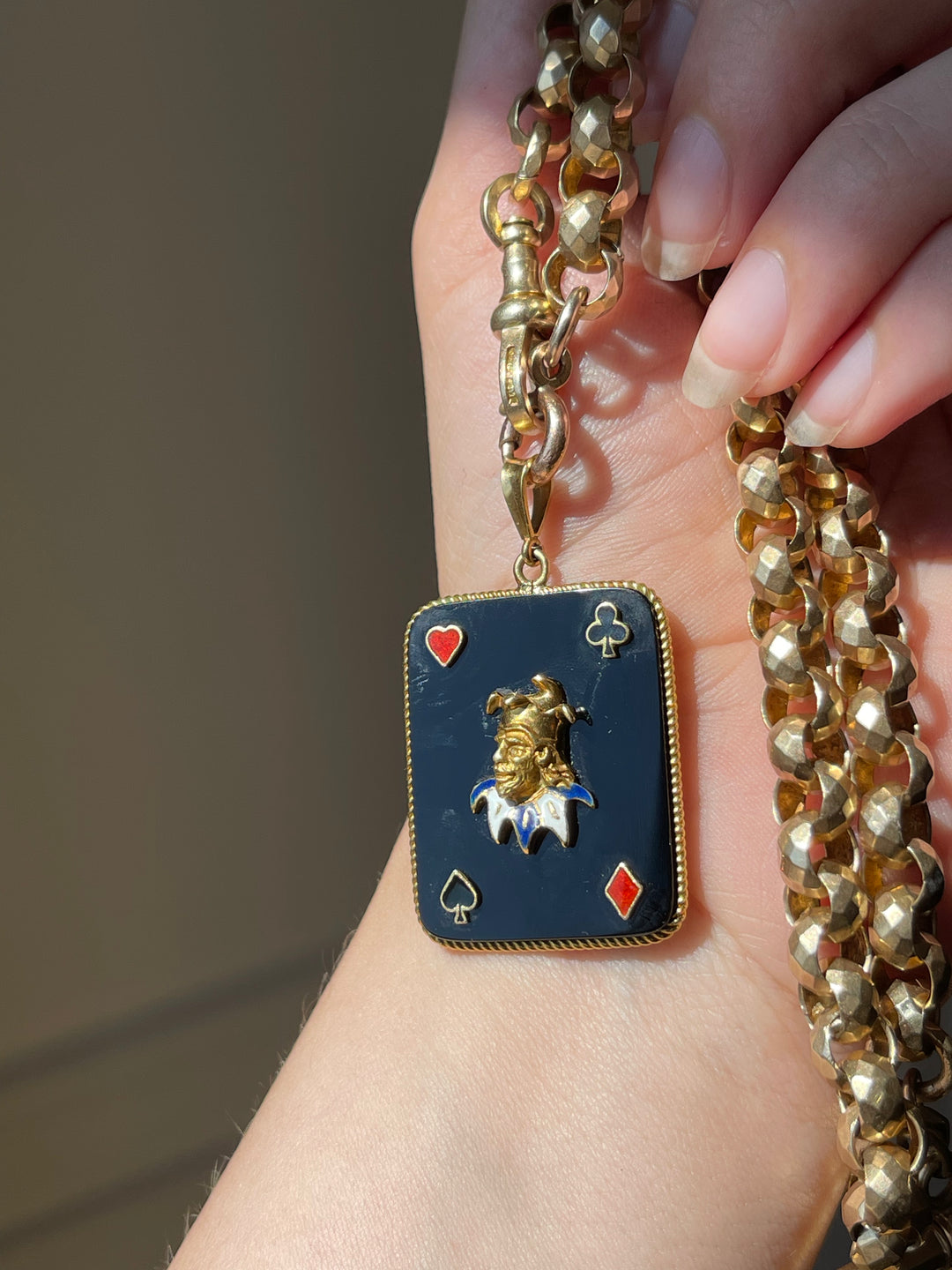 Joker Playing Card in 14ct Gold & Onyx | Multi-Colour Enamel Pendant | c.1960s