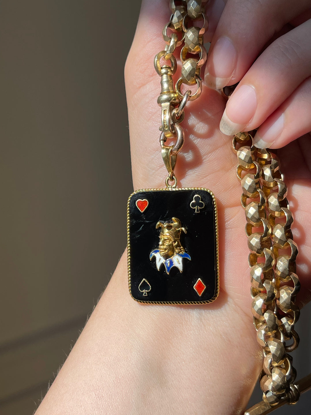 Joker Playing Card in 14ct Gold & Onyx | Multi-Colour Enamel Pendant | c.1960s