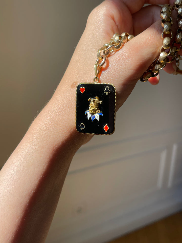 Joker Playing Card in 14ct Gold & Onyx | Multi-Colour Enamel Pendant | c.1960s