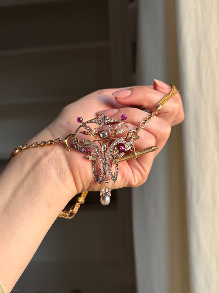 Outstanding French Art Nouveau Diamond & Ruby Brooch with Natural Grey Pearl