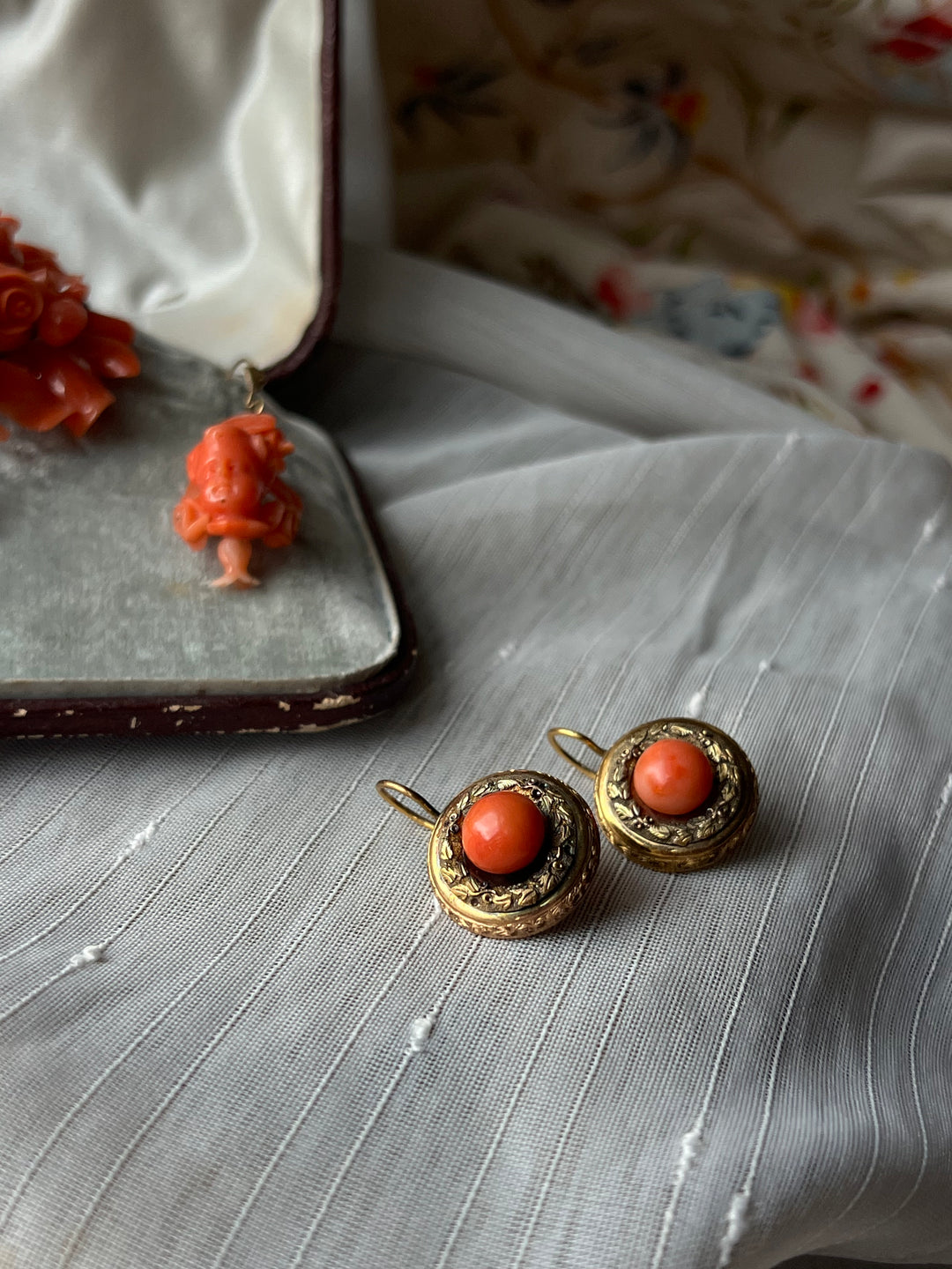 Victorian Coral Earrings with Golden Garland Halo