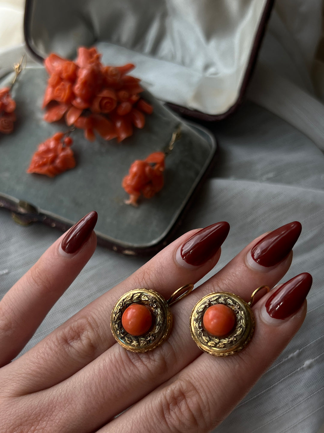 Victorian Coral Earrings with Golden Garland Halo