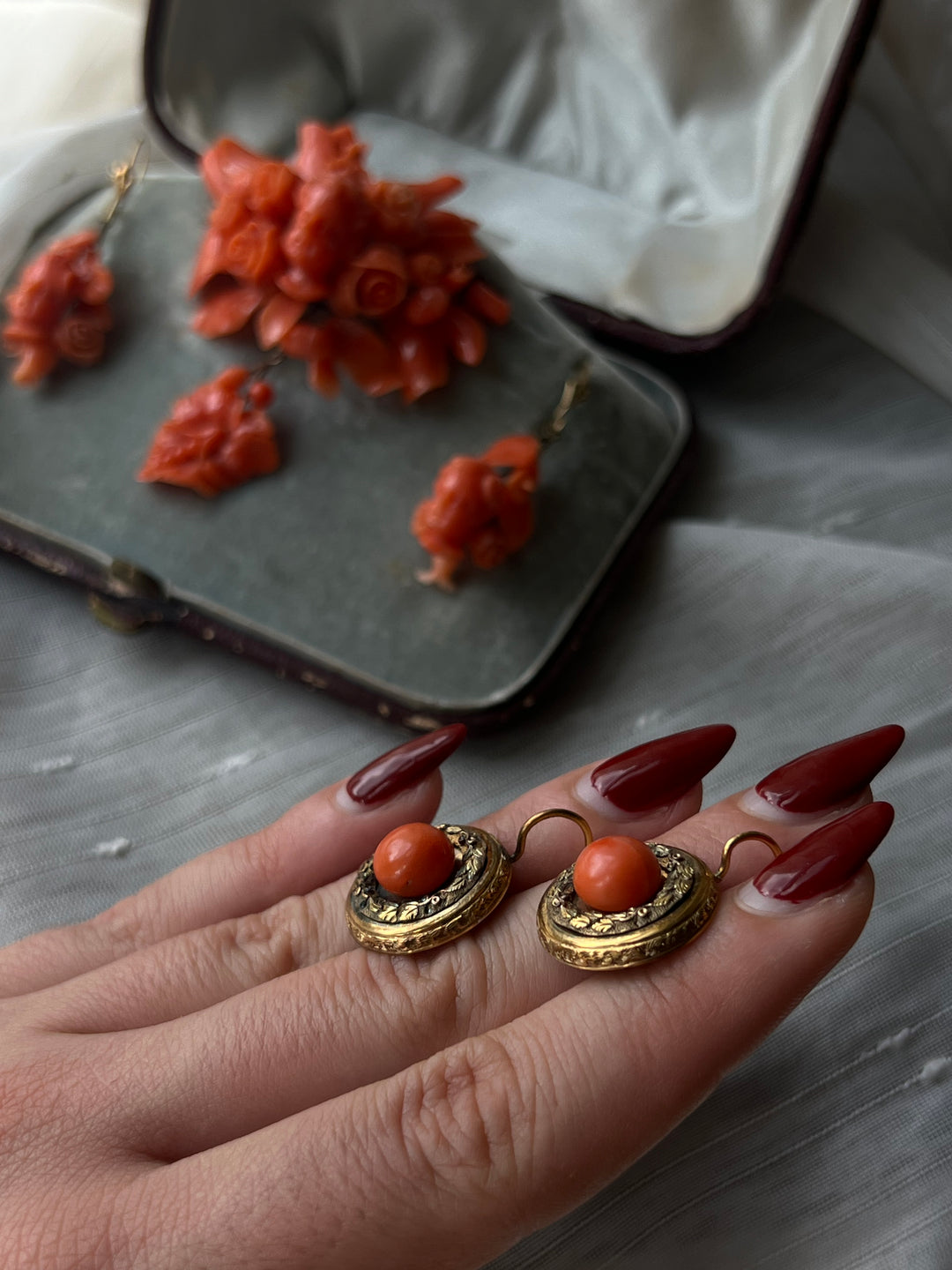 Victorian Coral Earrings with Golden Garland Halo