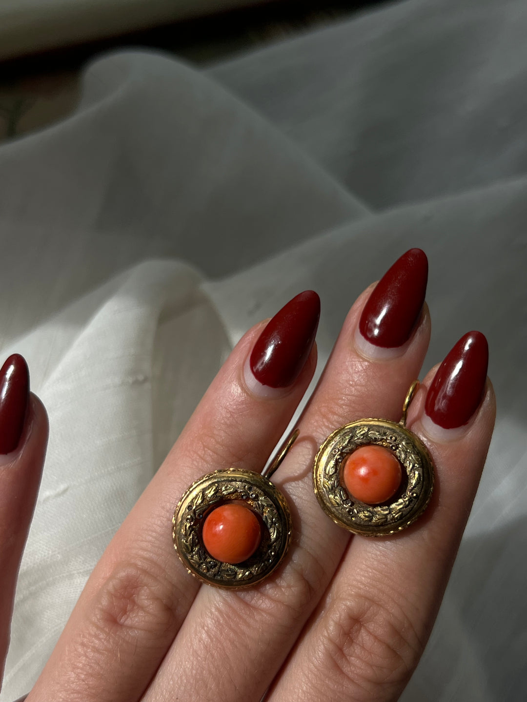 Victorian Coral Earrings with Golden Garland Halo