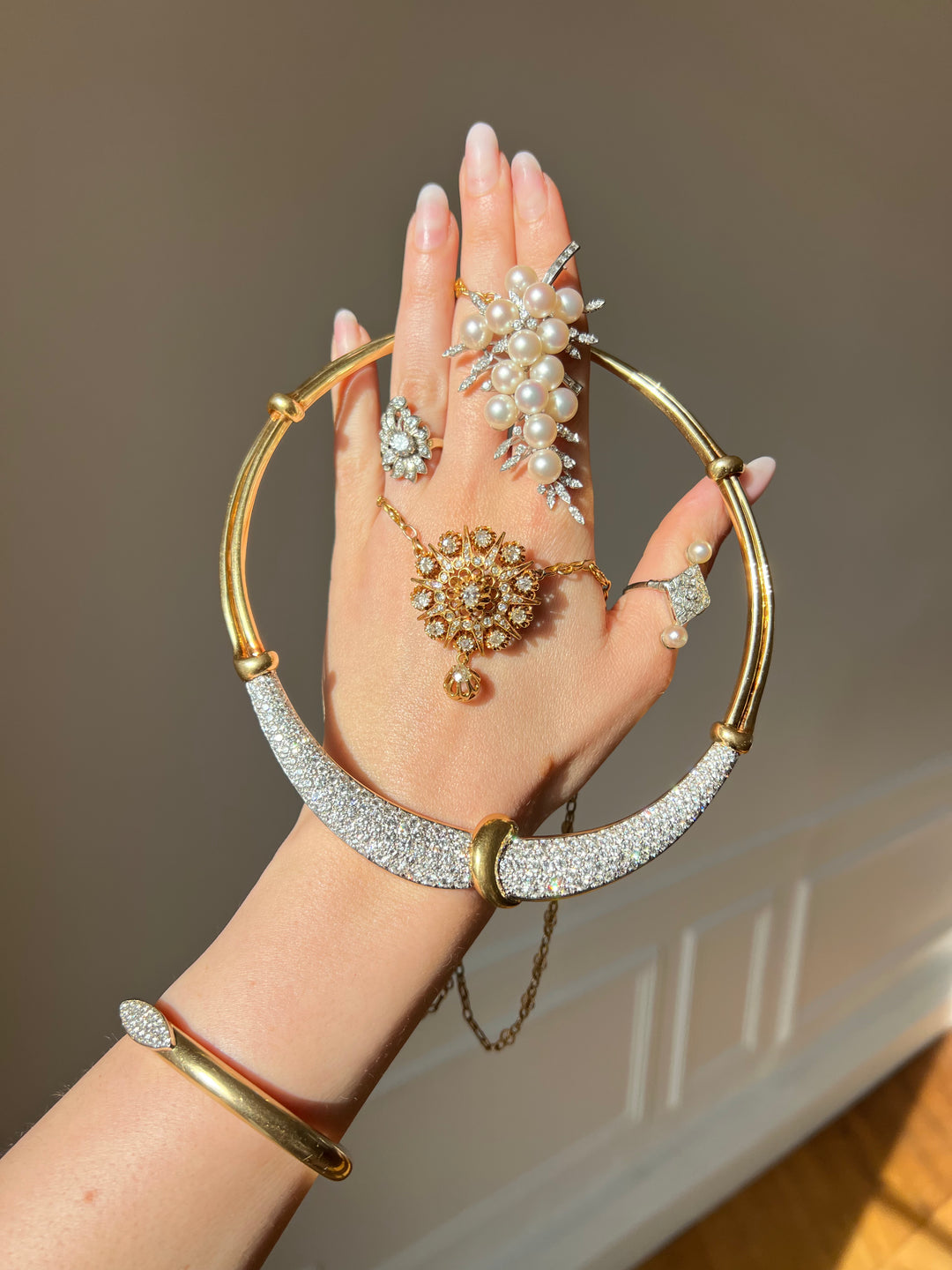 French 18ct and Diamond Deco Double Pearl RIng