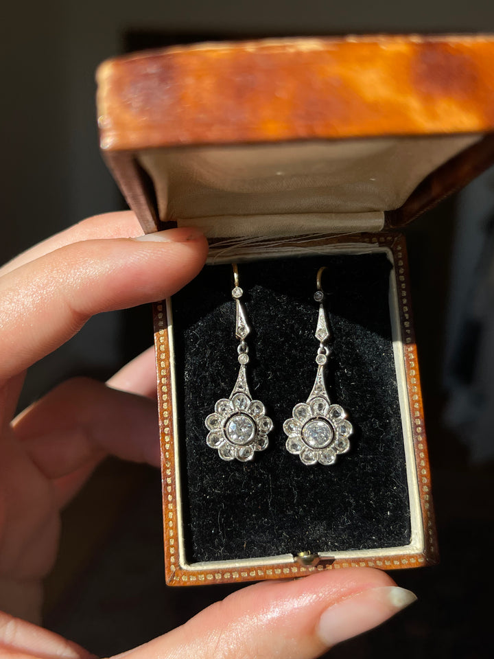 Belle Époque Diamond Daisy Earrings | OEC & Rose Cut | 18ct & Platinum | English c.1890 | Mint in Box