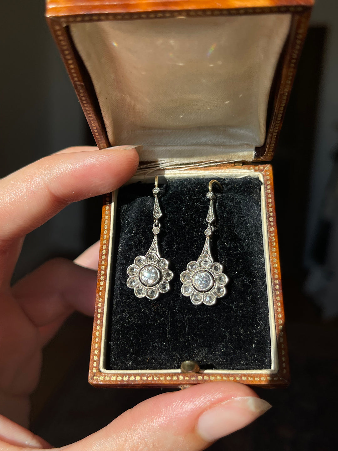 Belle Époque Diamond Daisy Earrings | OEC & Rose Cut | 18ct & Platinum | English c.1890 | Mint in Box