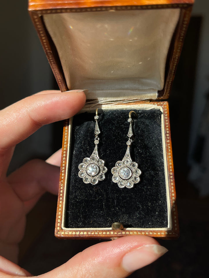 Belle Époque Diamond Daisy Earrings | OEC & Rose Cut | 18ct & Platinum | English c.1890 | Mint in Box