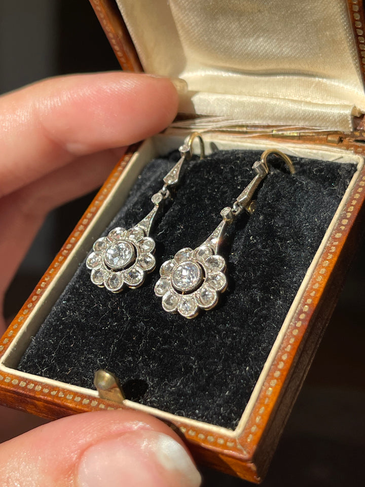 Belle Époque Diamond Daisy Earrings | OEC & Rose Cut | 18ct & Platinum | English c.1890 | Mint in Box