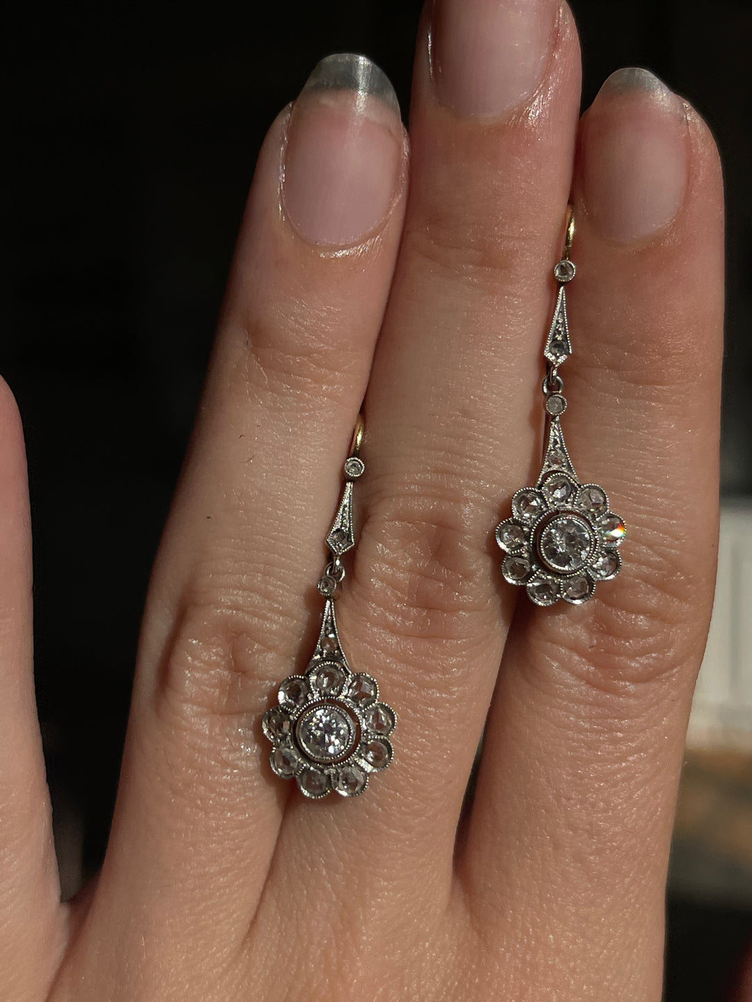 Belle Époque Diamond Daisy Earrings | OEC & Rose Cut | 18ct & Platinum | English c.1890 | Mint in Box