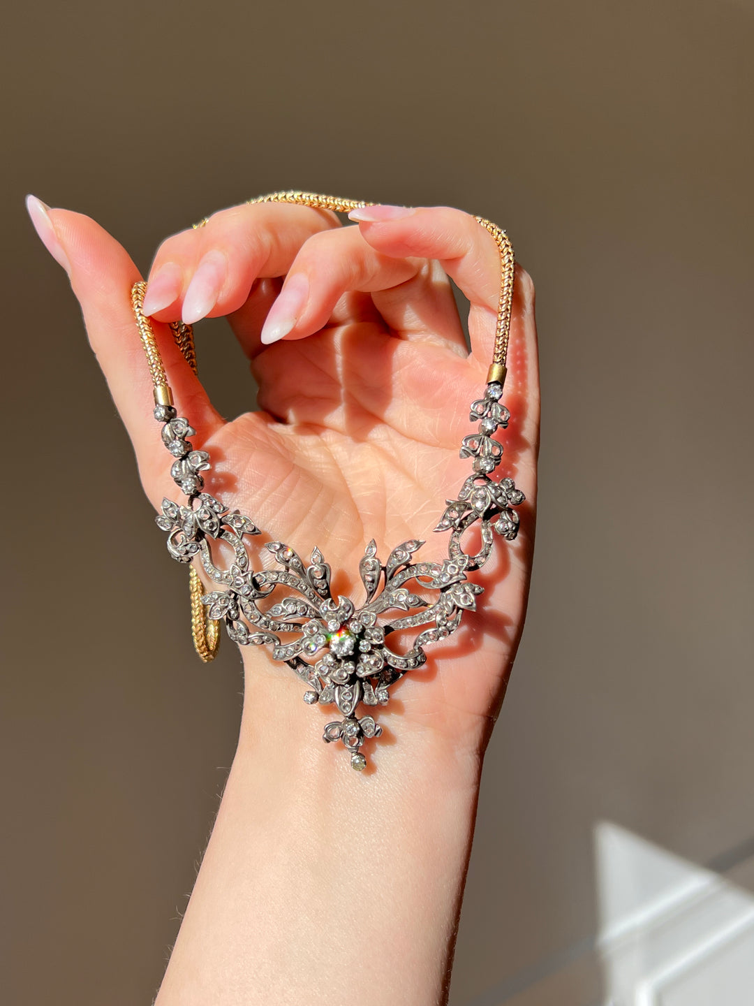 Belle Epoque Diamond Garland Necklace with En Tremblant Flower C. 1890