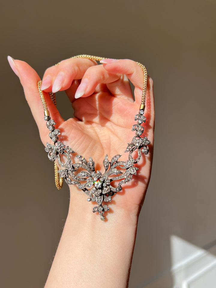 Belle Epoque Diamond Garland Necklace with En Tremblant Flower C. 1890
