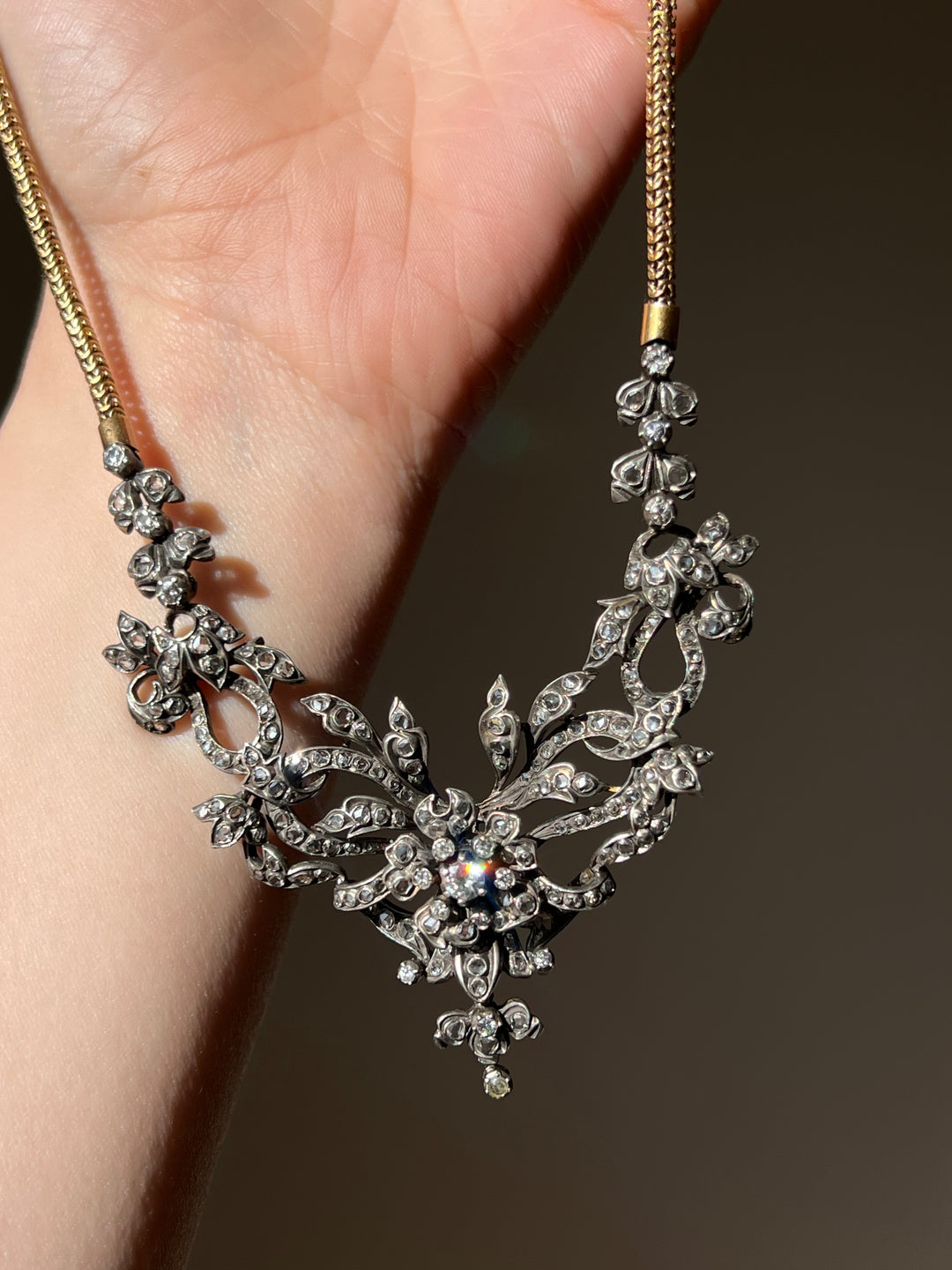 Belle Epoque Diamond Garland Necklace with En Tremblant Flower C. 1890