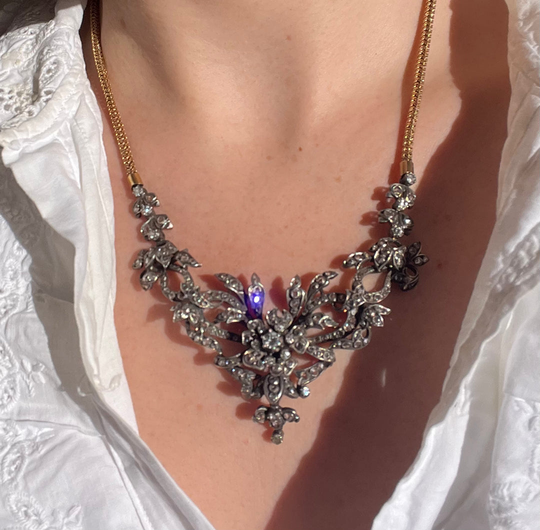Belle Epoque Diamond Garland Necklace with En Tremblant Flower C. 1890