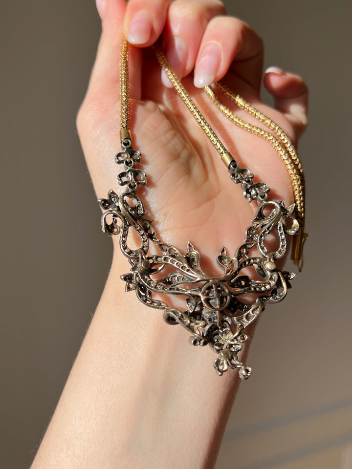 Belle Epoque Diamond Garland Necklace with En Tremblant Flower C. 1890