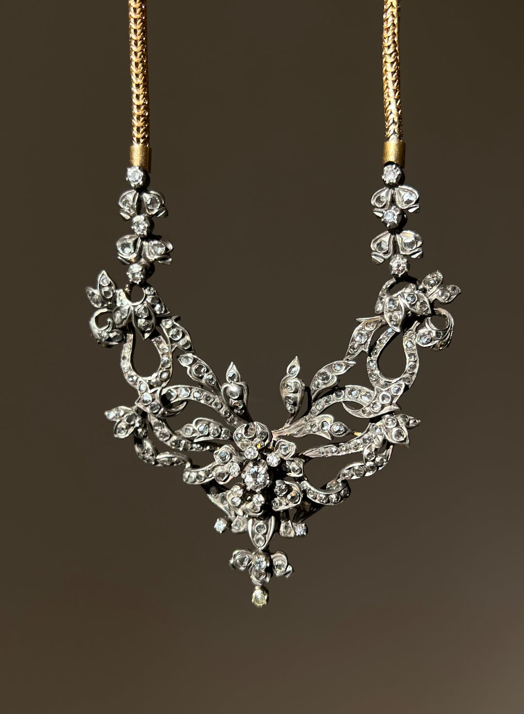 Belle Epoque Diamond Garland Necklace with En Tremblant Flower C. 1890