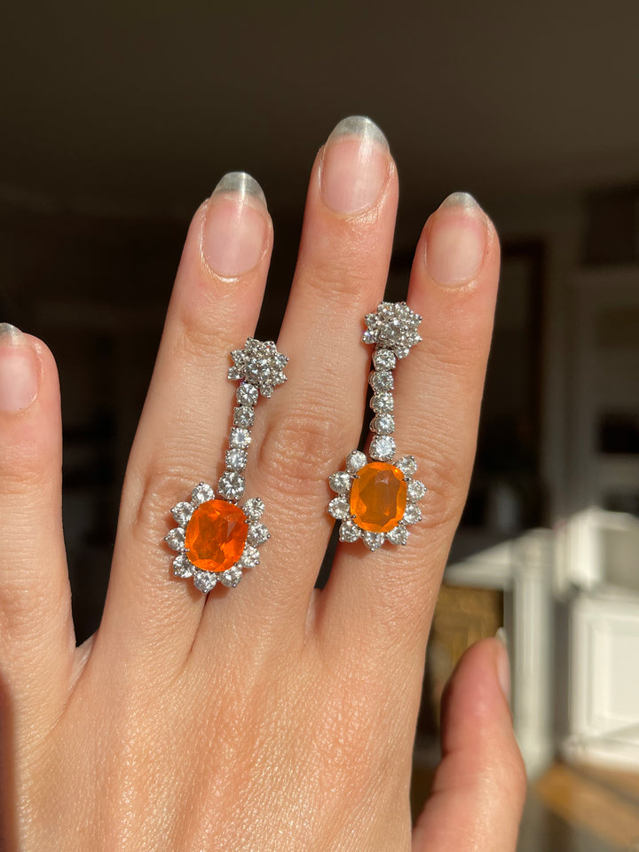 Fire Opal & Diamond Drop Earrings | 5.10ct Opals 4.30ct Diamonds | 18ct Gold | ALPA Backs | c.1980s