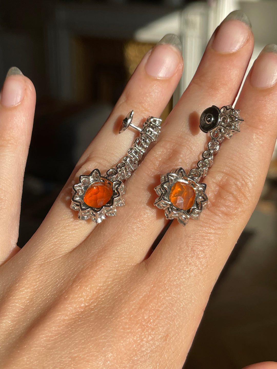 Fire Opal & Diamond Drop Earrings | 5.10ct Opals 4.30ct Diamonds | 18ct Gold | ALPA Backs | c.1980s