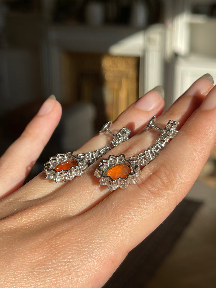 Fire Opal & Diamond Drop Earrings | 5.10ct Opals 4.30ct Diamonds | 18ct Gold | ALPA Backs | c.1980s