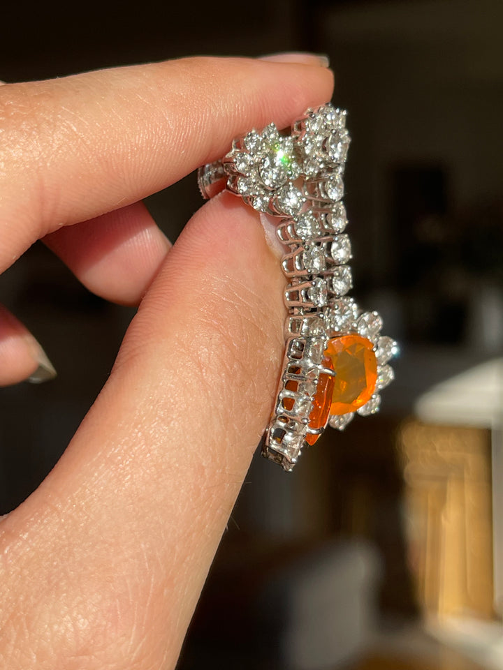 Fire Opal & Diamond Drop Earrings | 5.10ct Opals 4.30ct Diamonds | 18ct Gold | ALPA Backs | c.1980s