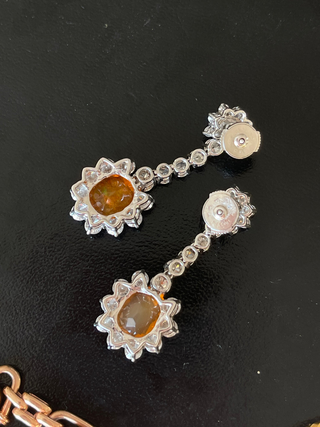 Fire Opal & Diamond Drop Earrings | 5.10ct Opals 4.30ct Diamonds | 18ct Gold | ALPA Backs | c.1980s