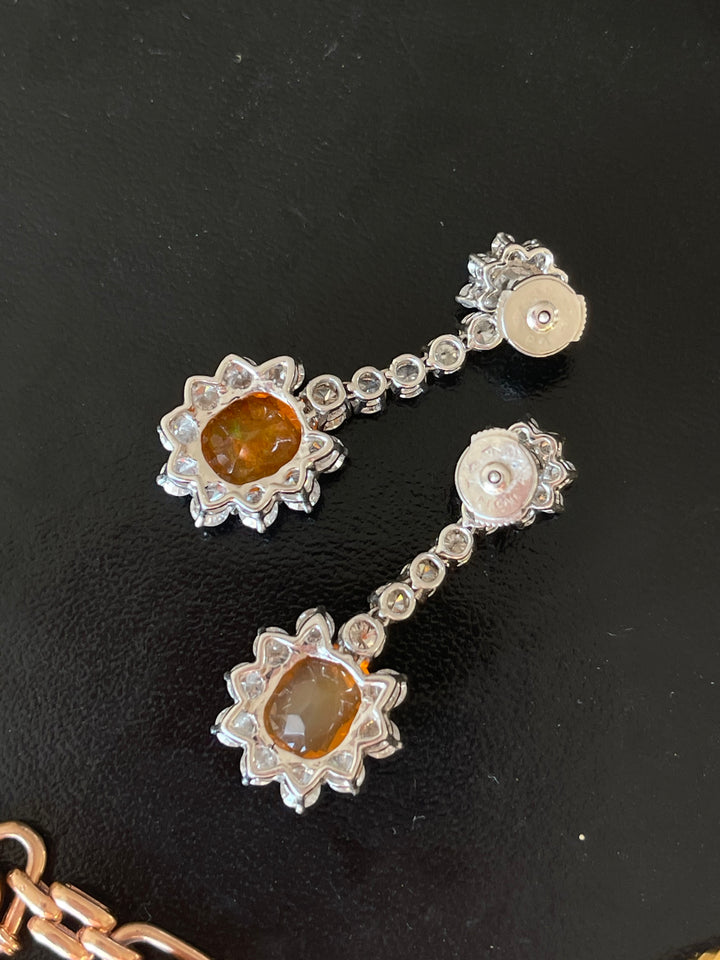 Fire Opal & Diamond Drop Earrings | 5.10ct Opals 4.30ct Diamonds | 18ct Gold | ALPA Backs | c.1980s