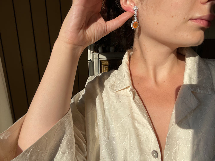 Fire Opal & Diamond Drop Earrings | 5.10ct Opals 4.30ct Diamonds | 18ct Gold | ALPA Backs | c.1980s