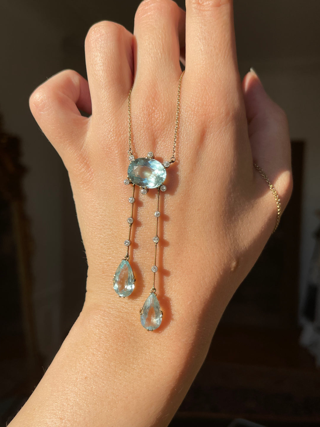 Belle Époque Aquamarine & Diamond Négligée Necklace | 15ct Gold | English c.1890