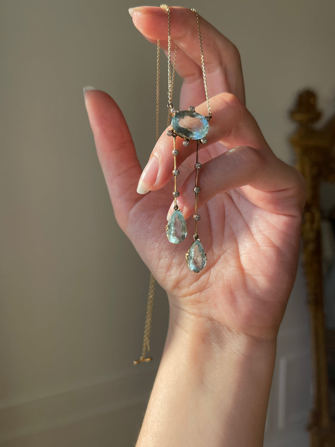 Belle Époque Aquamarine & Diamond Négligée Necklace | 15ct Gold | English c.1890