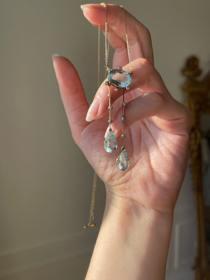 Belle Époque Aquamarine & Diamond Négligée Necklace | 15ct Gold | English c.1890
