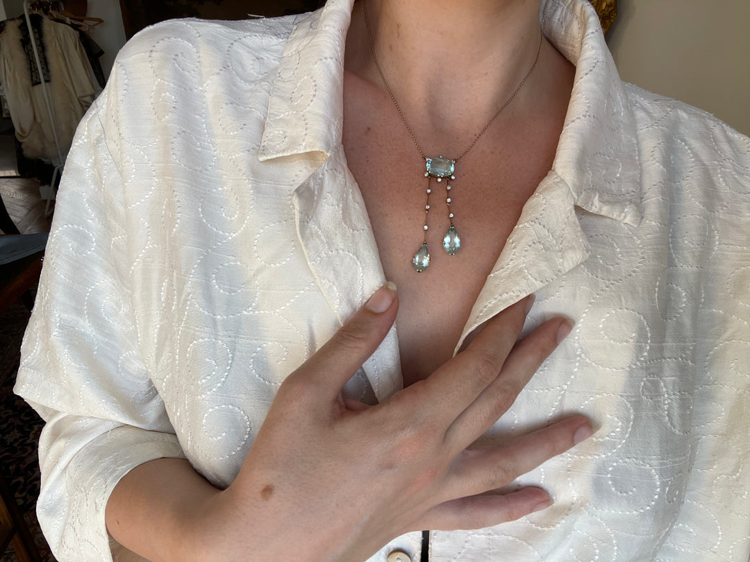 Belle Époque Aquamarine & Diamond Négligée Necklace | 15ct Gold | English c.1890