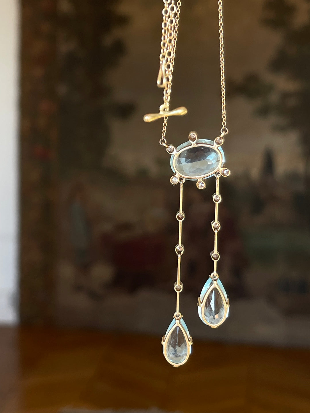 Belle Époque Aquamarine & Diamond Négligée Necklace | 15ct Gold | English c.1890